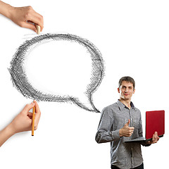 Image showing human hands with speech bubble and man