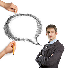 Image showing human hands with speech bubble and man