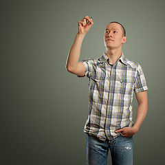 Image showing asian male with sketch signs of dollar and euro