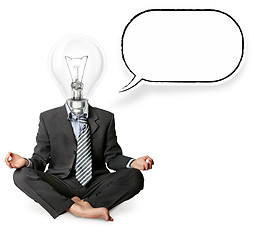 Image showing businessman in lotus pose and lamp-head with thought bubble