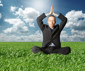 Image showing businessman in lotus pose in green grass