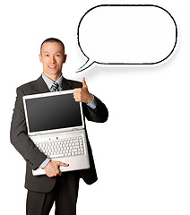 Image showing businessman with laptop and thought bubble