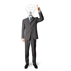 Image showing full length businessman with lamp-head push the button