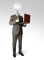 Image showing Full length portrait of lamp-head businessman with laptop