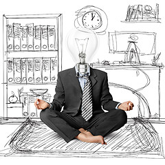 Image showing lamp-head businessman in lotus pose