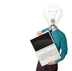 Image showing Male with lamp-head in blue with laptop
