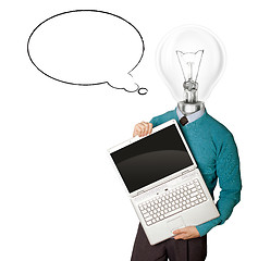 Image showing Male with lamp-head in blue with laptop and comics bubble