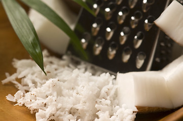 Image showing Grated coconut with grater and nut 