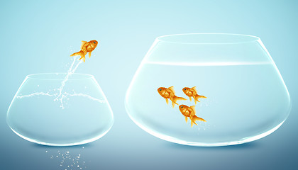 Image showing goldfish jumping into bigger fishbowl