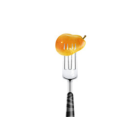 Image showing Pear pierced by fork,  isolated on white background 