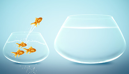 Image showing goldfish  jumping to Big bowl