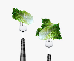 Image showing Lettuce pierced by fork,  isolated on white background 