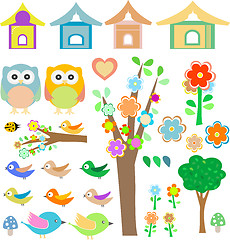 Image showing Set birds with birdhouses, owls, trees and flowers