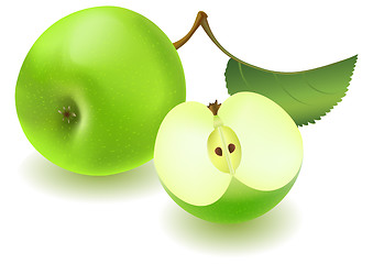 Image showing Green apple and slice with leaf