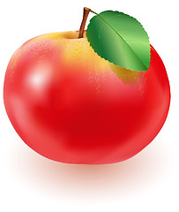 Image showing Red apple with green leaf