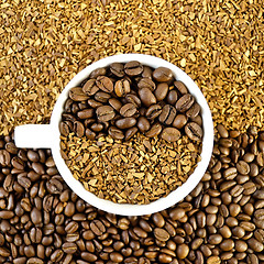 Image showing Coffee beans and grains in a white cup