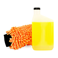 Image showing Mitten and shampoo for car