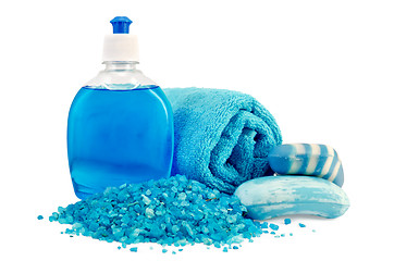 Image showing Soap different blue with a towel and salt bath