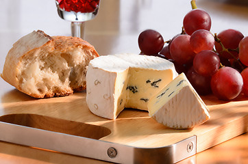 Image showing Still-life with blue cheese, grape and bread.