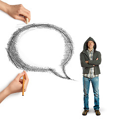 Image showing human hands with speech bubble and man