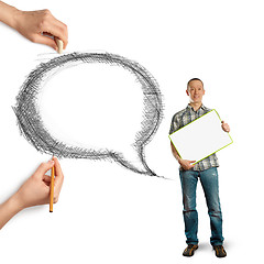 Image showing human hands with speech bubble and man