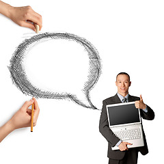 Image showing human hands with speech bubble and man