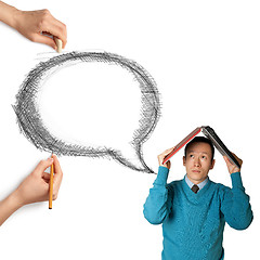 Image showing human hands with speech bubble and man