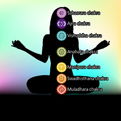 Image showing Silhouette of woman with symbols of chakra. EPS 8