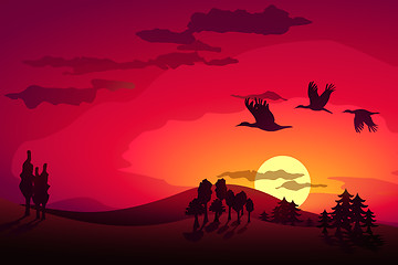 Image showing Sunset landscape and flying storks