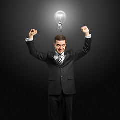 Image showing lamp-head businessman with hands up