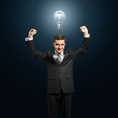 Image showing lamp-head businessman with hands up