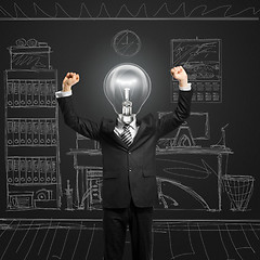 Image showing lamp-head businessman with hands up