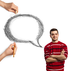 Image showing human hands with speech bubble and man