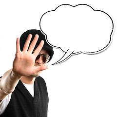 Image showing man in glasses looking at camera with speech bubble