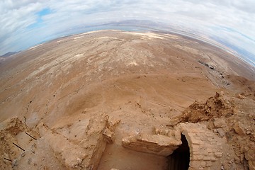 Image showing Fisheye view of desert landscape near the Dead Sea seen from ruins of Masada fortress