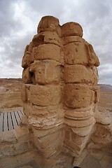 Image showing Fisheye view of ancient broken column of King Herodes palace in Masada 