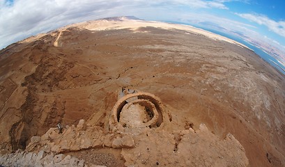 Image showing Fisheye view of desert landscape near the Dead Sea seen from Masada fortress