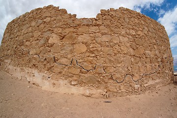 Image showing Fisheye view of ancient fortress ruin in the desert near the Dead Sea