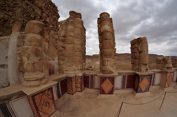 Image showing Fisheye view of colonnade of ancient Masada palace of King Herod on cloudy day