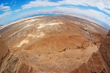 Image showing Fisheye view of desert landscape near the Dead Sea seen from Masada fortress