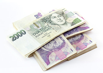 Image showing czech banknotes nominal value one and two thousand crowns