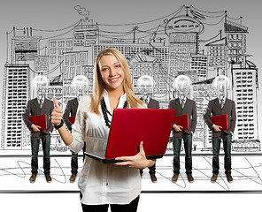 Image showing woman and lamp head businesspeople with laptop