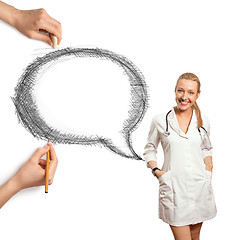 Image showing human hands with speech bubble and woman