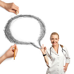 Image showing human hands with speech bubble and woman