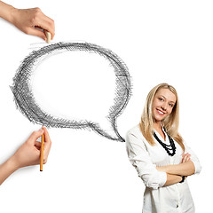 Image showing human hands with speech bubble and woman