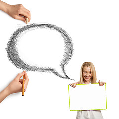 Image showing human hands with speech bubble and woman