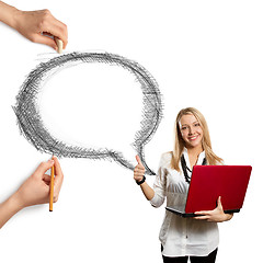 Image showing human hands with speech bubble and woman