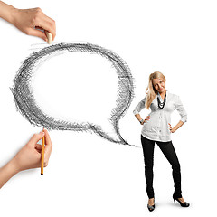 Image showing human hands with speech bubble and woman