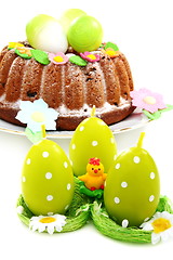 Image showing Easter still life with eggs and cake.