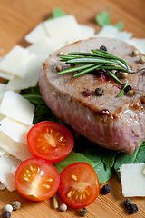 Image showing Cooked Beef on arugula and parmesan